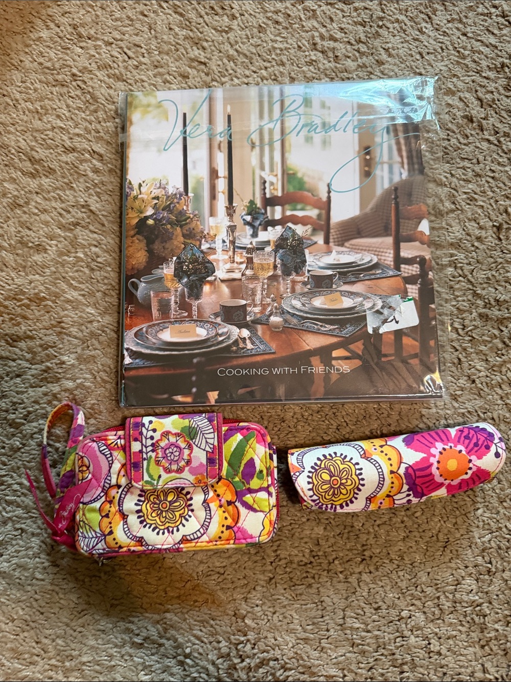 Vera Bradley Pink Yellow Green Floral Wristlet, Eyeglass Case & Cookbook